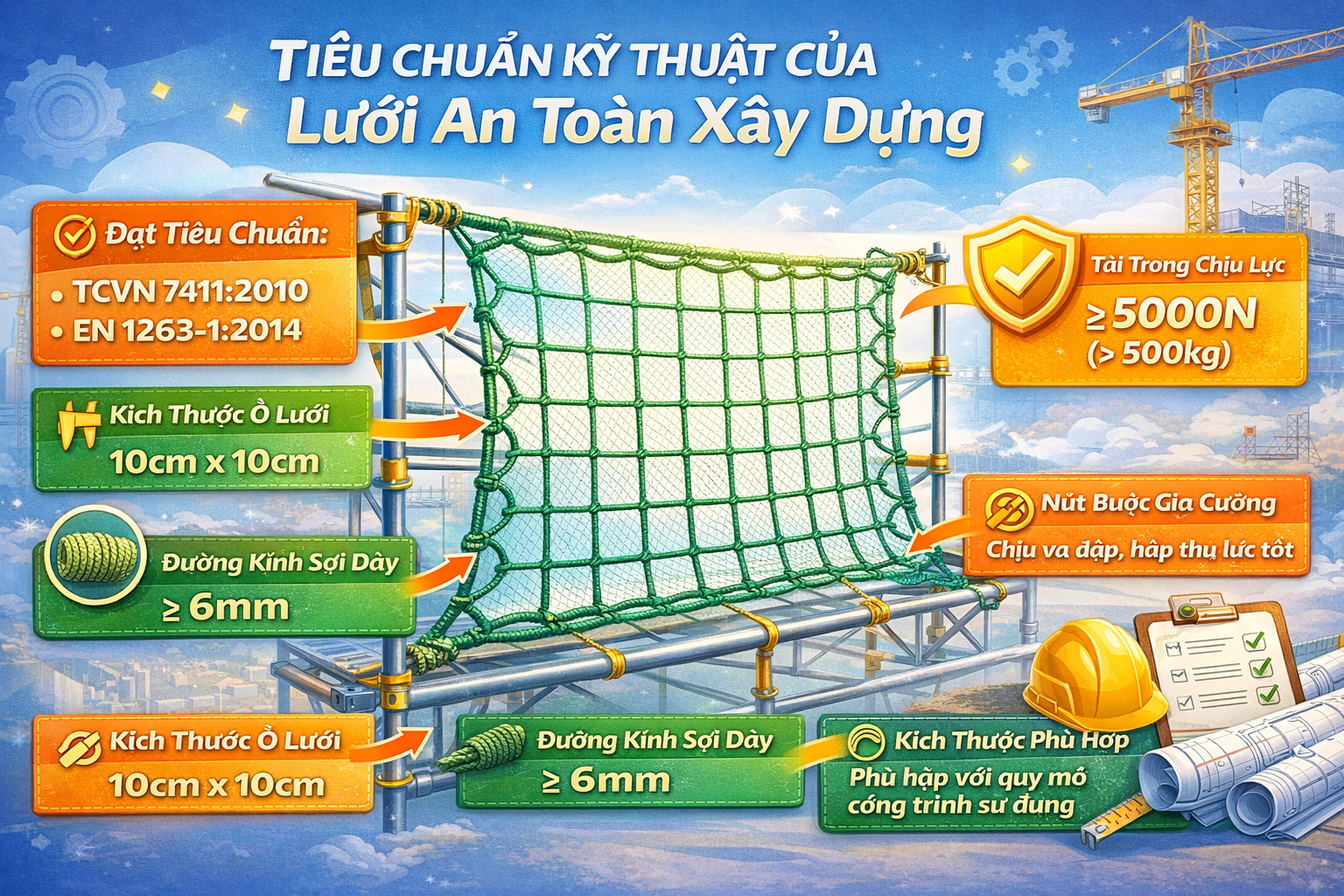 Tiêu chuẩn kỹ thuật của lưới an toàn xây dựng